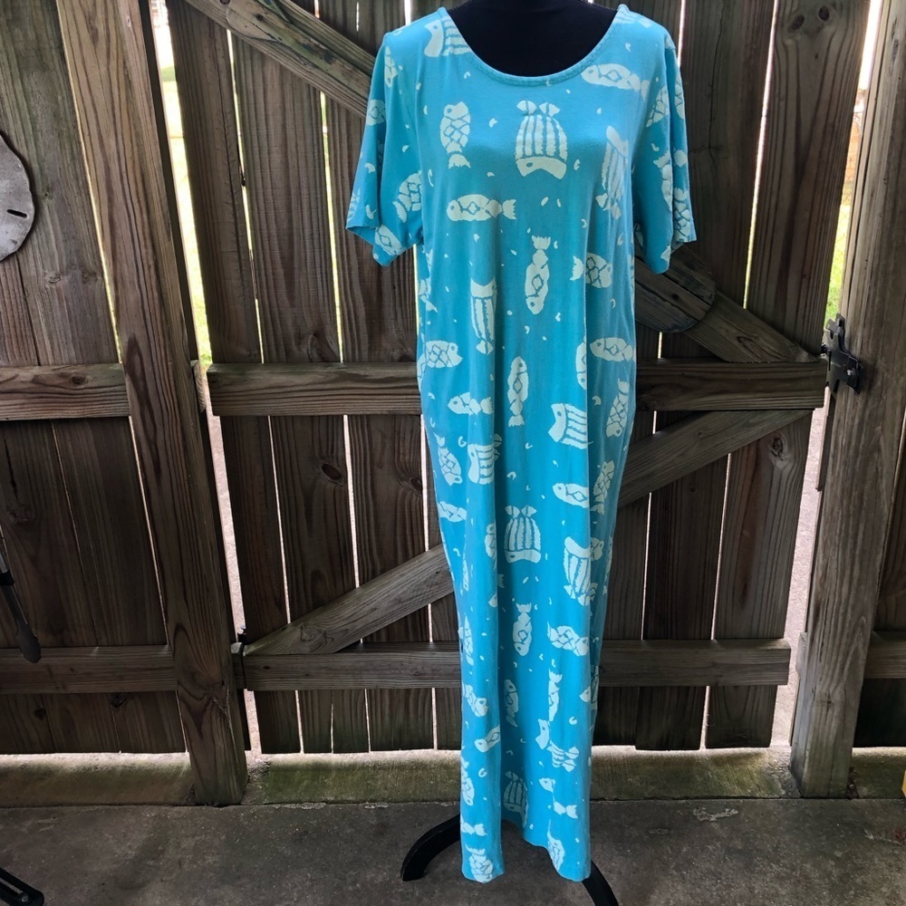 Vintage Cotton Connection Blue Maxi Coastal Fish Print Short Sleeve Dress Size L